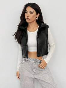 SHEIN PETITE 女士简约纯色短款皮夹棉大衣、冬季背心 - 黑色 - 查看 8