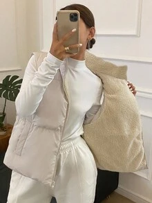 DAZY 女士纯色拉链前开襟休闲保暖背心，冬季女式外套 - 米色 - 查看 7