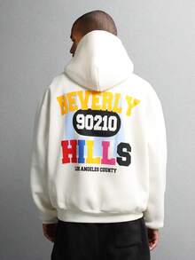 SUMWON Regular Beverly Hills Los Angeles County Hoodie With Drawstring Hood Retro Collegiate Style Multicolor Letter Print Soft Fleece Winter Casual Streetwear - Beige - View 1