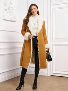 Ellevyn 翻领仿皮草内衬鹿皮绒面革夹克，秋冬舒适 - 棕色 - 查看 6