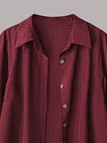 Linhara Ensemble 2 pièces décontracté pour femmes grandes tailles, chemise décontracté/de travail à col rabattu boutonnée d'une seule rangée de couleur unie et pantalon large à taille haute ample - Rouge foncé - Voir 4