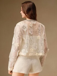 Anewsta 3D Beaded Floral Sheer Collar Handmade Sequins Round Neck H-Line Long Sleeve Jacket, Suitable For Fall, Winter, Spring, New Year, Party, Wedding, Elegant, Chic, Stylish, Christmas, Festival, Holiday, Casual Wear