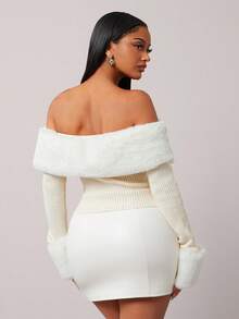 Radiana Women's Regular Faux Fur Patchwork Off Shoulder Long Sleeve Fitted Sweater In Fall/Winter - Apricot - View 3
