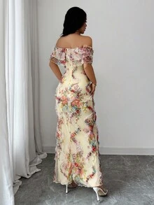 Elenzga 优雅荷叶边露肩修身腰身连衣裙，采用 3D 花卉网眼面料，浪漫 - 彩色 - 查看 2