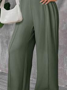 SHEIN PETITE CURVE Quần xếp ly màu trơn cỡ lớn dành cho nữ Petite - Màu xanh Ô liu - Xem 7