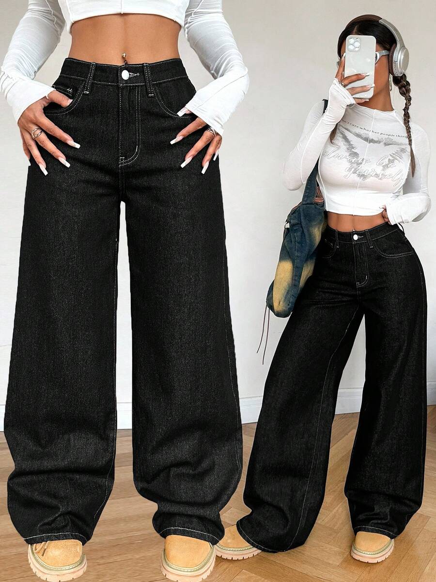 SHEIN PETITE 女士休闲宽松阔腿蓝色牛仔裤、复古牛仔裤、海军蓝牛仔裤、秋季女装、冬季女裤、蓝色返校节牛仔裤、女式喇叭裤 - 黑色 - 查看 1