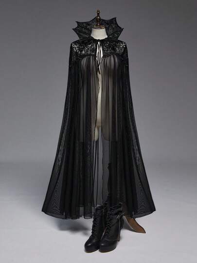 ROMWE EDITION Blusa holgada con cuello de encaje de murciélago gótico, parches de malla y estilo de capa para mujer de talla grande, Halloween