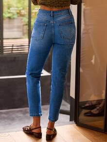 lacRébo 高腰深蓝色修身紧身牛仔裤秋季女装秋冬 - 深色水洗藍 - 查看 4