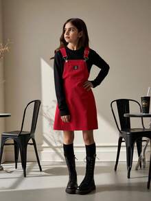 SHEIN 青少女貝雷帽連身裙,帶字母貼布 - 紅色 - 查看 5