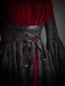 SHEIN ICON 女式万圣节角色扮演哥特式性感长袖喇叭蕾丝派对巫术时尚深色植绒网眼撞色迷你连衣裙秋季 - 黑色 - 查看 7