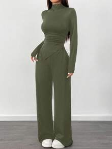 Almamuse 2pcs/Set Asymmetric Ruched Hem Long Sleeve Top And Wide Leg Pants Suit - Army Green - View 5