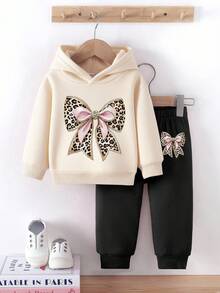 SHEIN 2pcs/Set Baby Girl Outfit, Minimalist Leopard Print Bow Hoodie Sweatshirt & Leopard Print Bow Sweatpants, Suitable For Outings In Autumn/Winter Fall - Multicolor - View 3