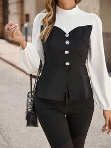 EMERY ROSE Áo sơ mi nữ cổ đứng màu tương phản, áo dài tay - Đen và trắng - Xem 3