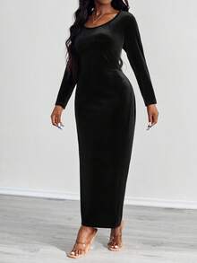 SHEIN PETITE CURVE Petite Plus Solid Scoop Neck Bodycon Dress - Black - View 4