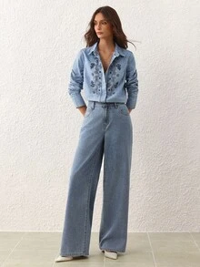 SHEIN Essnce 女士刺绣休闲长袖牛仔衬衫 - 淺色水洗藍 - 查看 2
