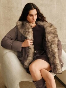 Anewsta Casaco Feminino de Luxo com Colarinho de Pele Sintética Oversized, Cintura Marcada, Médio, Grosso, Adequado para Outono, Inverno, Ano Novo, Elegante, Chique, Estiloso, Natal, Uso Social - Castanho - Visão 4