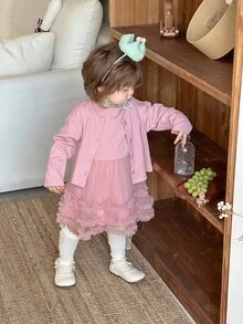 DAZY 女婴休闲韩版开衫外套&网纱中长连衣裙套装，秋冬季幼儿女童服装 - 粉色 - 查看 5
