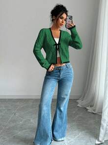 Selianne French Casual Versatile Diamond Textured Long Sleeve Pullover Knit - Green - View 6