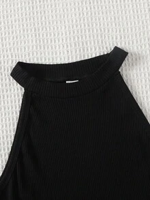 SHEIN 2 件青少年女孩黑色纹理针织吊带背心和工装短裤套装，适合日常休闲穿着 - 彩色 - 查看 6