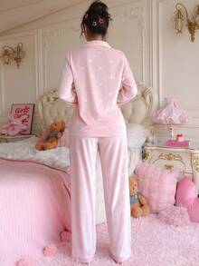 PetitDoll 女士纯色蝴蝶结提花天鹅绒和裤子睡衣套装，秋冬女士睡衣套装粉色睡衣套装粉色睡衣套装女士可爱睡衣长袖睡衣套装舒适优雅细节，秋季服装 - 淺粉色 - 查看 2