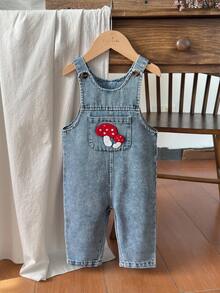 Vintaside Kids Baby Girl Sleeveless Fashionable & Simple Western-Style Towel Embroidered Washed Denim Jumpsuit, Comfortable For Camping And Home Wear, Suitable For Autumn Season - Baby Blue - View 4
