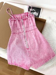 Comfortcana 女式纯色交叉包裹不对称下摆细肩带牛仔连体裤 - 粉色 - 查看 2