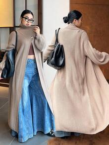 Flirla Plus Size Women Warm Turndown Collar Single Button Long Knitted Cardigan Sweater, Suitable For Autumn/Winter, Back To School, Indoor/Outdoor Commute Fall Cloth For Women