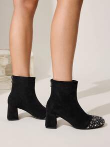 CUCCOO CHICEST Women's Autumn/Winter New Rhinestone Embellished Colorblock Square Toe Chunky Heel Elegant Dress Shoes, Suitable For Formal Occasions, Parties, Workplace, Halloween, Christmas, Thanksgiving - Black - View 5