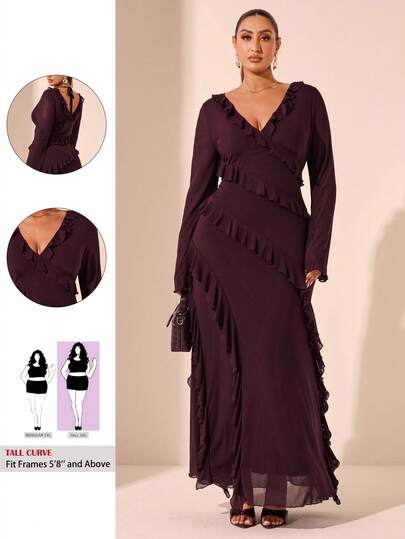 SHEIN Tall CURVE Plus Size Long Sleeve Dress, Romantic Sweet Ruffle Autumn Dress For Dating, Travel, Autumn Inner Wear, Bow, Fall Dresses For Ladies, Party Outfit For Women, Elegant, Birthday Outfits, Mesh, Sexy Dresses, Tops, Fitted, Plain T-Shirt, Western Women Dresses,Wedding Guest Dress Women Plus Size Dresses Burgundy Plus Size Ruffle Dress Fringe Dress Plus Size Plus Size Long Dress Long Sleeve Maxi Dress Women