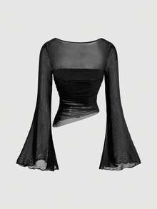 SHEIN MOD 女士黑色网纱修身喇叭袖上衣，黑色网纱喇叭袖上衣，秋季，万圣节服装，工作，波西米亚风，教师，褶皱上衣，长袖上衣 - 黑色 - 查看 3