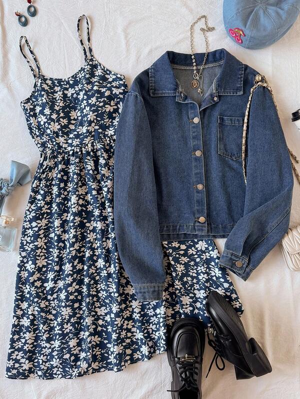 2 件套青少年女孩休闲牛仔夹克和碎花吊带裙套装，适合度假、购物、散步、通勤的百搭服装