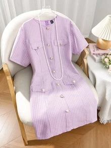 Franclia Plus Size Ladies' Round Neck Single-Breasted Elegant Tweed Pink Short Sleeve Dress