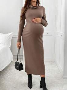 SHEIN Maternity Casual Commuter Solid Color Draped Neck Fitted Dress - Brown - View 4