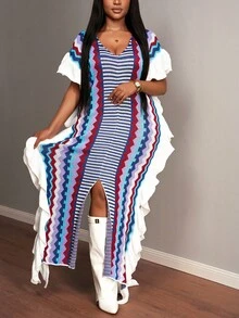 Slaydiva 2025 春秋新品优雅派对、优雅约会、休闲郊游、音乐节、街头风格、游牧风、复古宽松多色条纹侧褶高开衩女式大码针织长裙 - A