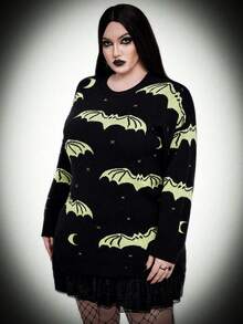 Whyspr Suéter casual de cuello redondo de manga larga con estampado de murciélago para mujer de talla grande