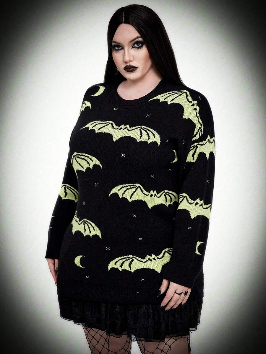 Whyspr Suéter casual de cuello redondo de manga larga con estampado de murciélago para mujer de talla grande