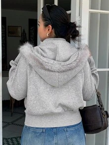 Dazy Plus Jachetă sport casual cu glugă, model brodat, cu guler din blană artificială, crop, model patchwork, pentru femei, mărime mare, primăvară/toamnă