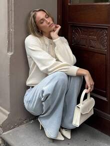 Pariaura 女士不对称镂空蕾丝拼布纯色针织开衫，复古法式圆领毛衣外套，秋冬 - 米色 - 查看 4