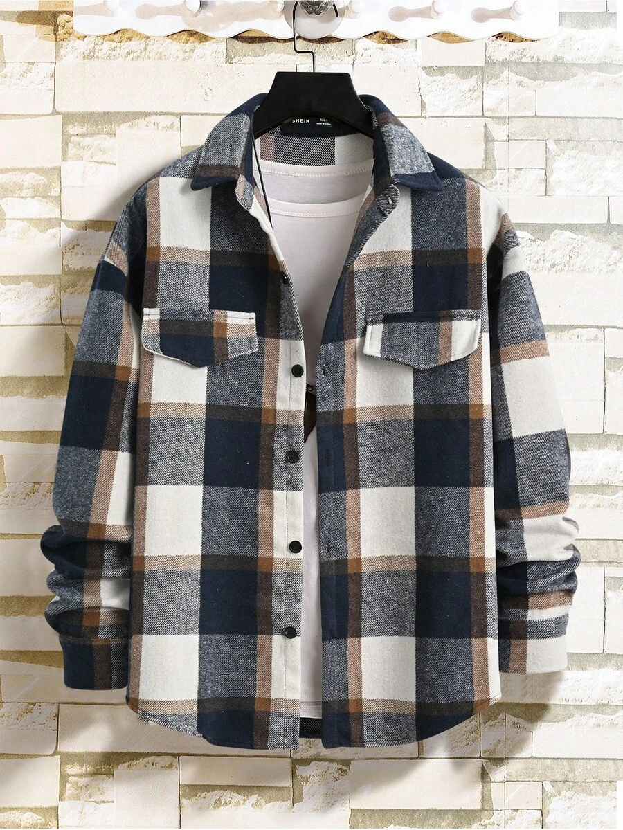 Manfinity Homme Loose Fit Plaid Print Drop Shoulder Overcoat For Men (No T-Shirt Included), Fall/Winter