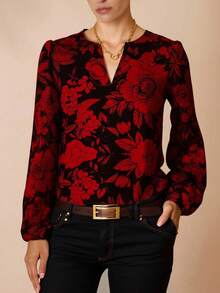 Glamance STROM NIGHT Women Red Blouses Long Sleeve Notched Boho Floral Plants All Over Print Plain Summer For Women Summer Tops Going Out Office Women Going Out Business Casual Woman Office For Women Fall Day Night Women Travel Airport Streetwear Women Fall Clothes Modest Flowy Top Going Out Elegant Blouses Winter Chic Stylish Clothing Collection