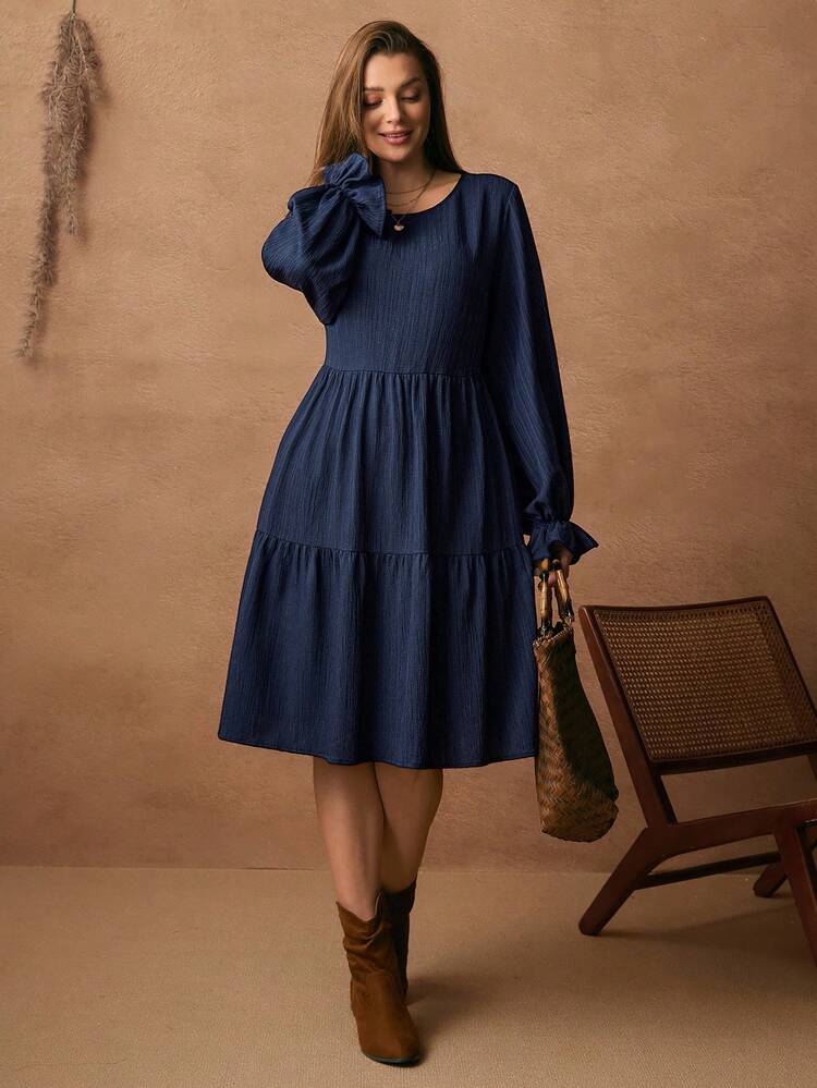 Vestido holgado de mujer talla grande con mangas con volantes de tela texturizada de unicolor simple para uso diario casual, ropa de primavera/otoño, ropa de invierno para mujer, vestido casual para mujer, ropa de invierno talla grande elegante casual