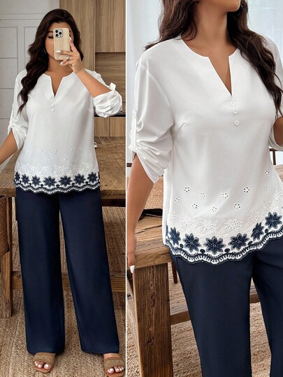 Weeklong Conjunto de 2 peças plus size feminino com bordado burnout, decote em V, manga comprida e calça casual