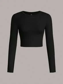 SHEIN EZwear 2 件黑色休闲简约圆领长袖短款修身 T 恤，适合秋冬季 - 黑色 - 查看 4