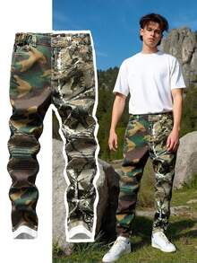 Teen Boys' Y2K Style Tree Camo Washed Denim Jeans, Straight Leg With Frayed Hem, Casual & Cool For School Fall Winter - Army Green - View 3