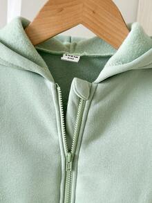 女婴休闲纯色保暖内衬连帽拉链夹克，适合秋冬季 - 綠色 - 查看 4