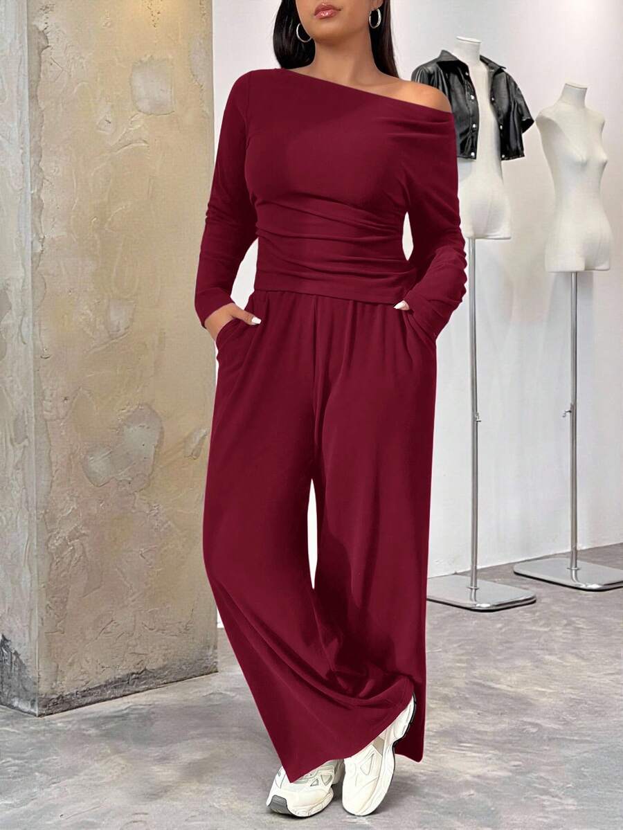 SHEIN EZwear Bộ đồ dệt kim dài tay màu đỏ rượu vang 2 món và quần dài, cỡ lớn, ôm vừa vặn - Màu Đỏ Sâu - Xem 1