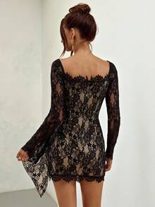 SHEIN BAE 黑色蕾丝拼接紧身褶饰长袖性感透视迷你连衣裙，适合外出，黑色蕾丝连衣裙 - 黑色 - 查看 2