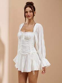 SHEIN BAE Vestido mini ajustado de color blanco sólido con cuello cuadrado sexy, manga larga y fruncido, adecuado para citas de San Valentín, fiestas, invitados de boda, primavera/verano - Blanco - Ver 4