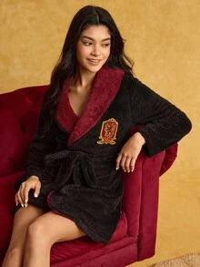 HARRY POTTER X SHEIN 女士交叉裹身撞色刺绣系带长袖长袍，秋冬款
