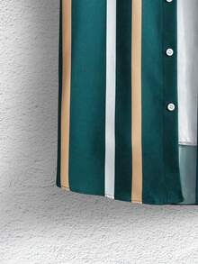 Manfinity Homme 男士隨機條紋印花襯衫（不帶內搭T恤），短袖鈕扣拼接假兩件式假日休閒襯衫，適用於男友禮物